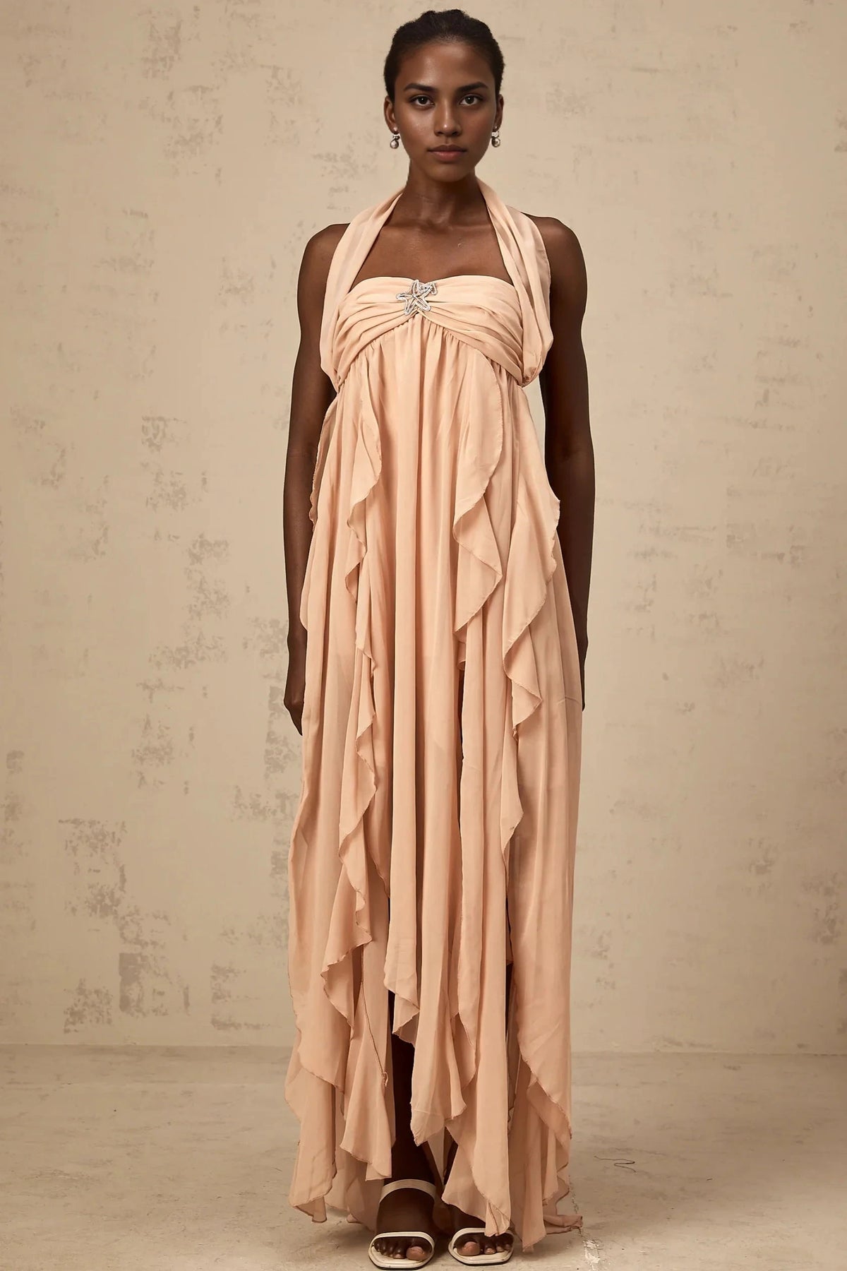 Blush Pink Halter Neck Ruffled Maxi Dress with Embellishment Mariah Pink Chiffon Ruffle Halterneck Maxi Dress Evening Dress by YiHuiw