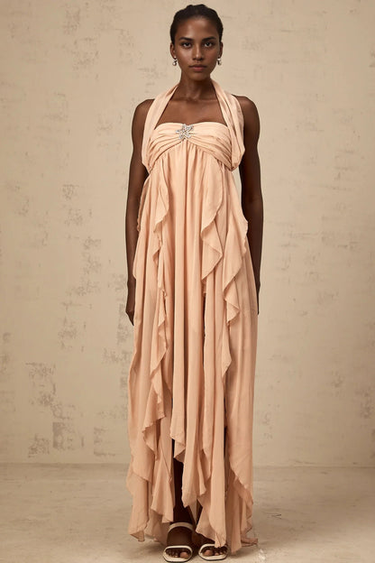 Blush Pink Halter Neck Ruffled Maxi Dress with Embellishment Mariah Pink Chiffon Ruffle Halterneck Maxi Dress Evening Dress by YiHuiw