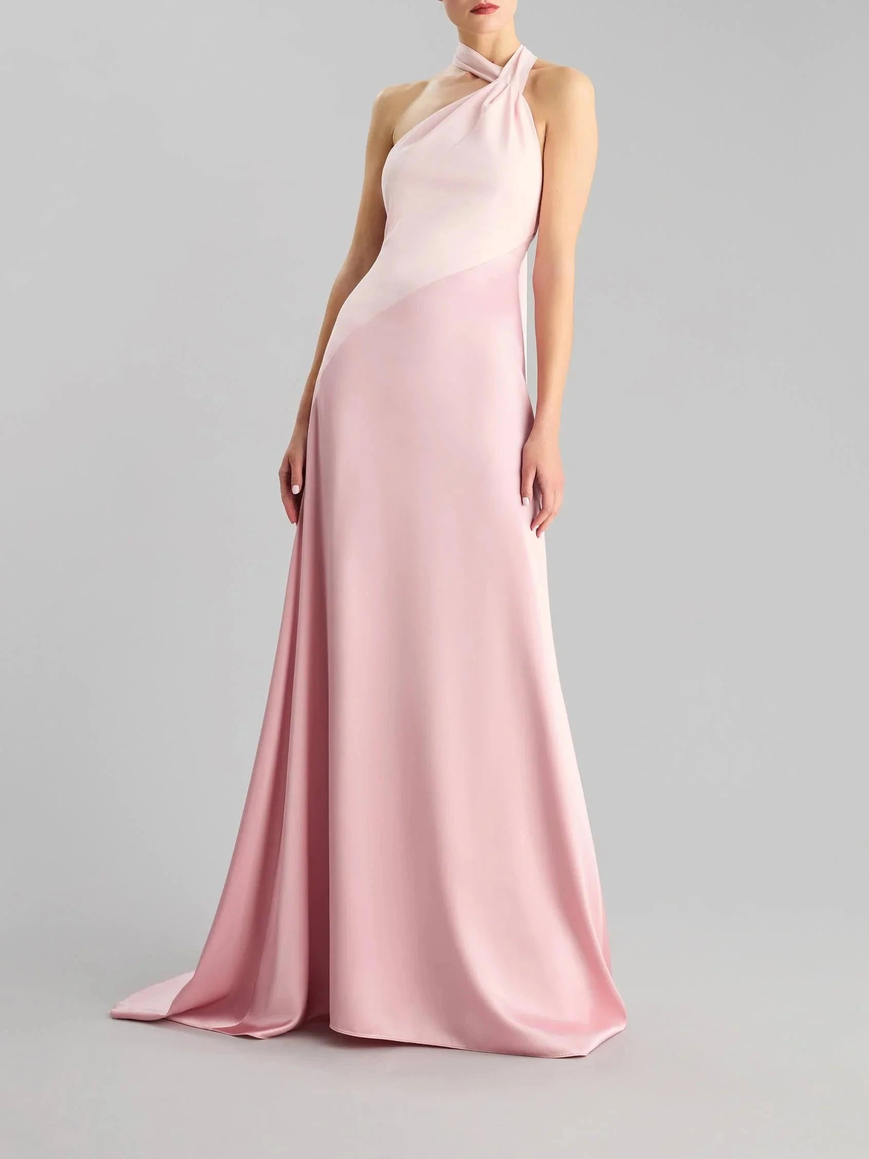 Blush Pink Halter Neck Satin Maxi Dress with Long Bow Asymmetrical A-line party dress Bridesmaid Dresses by YiHuiw