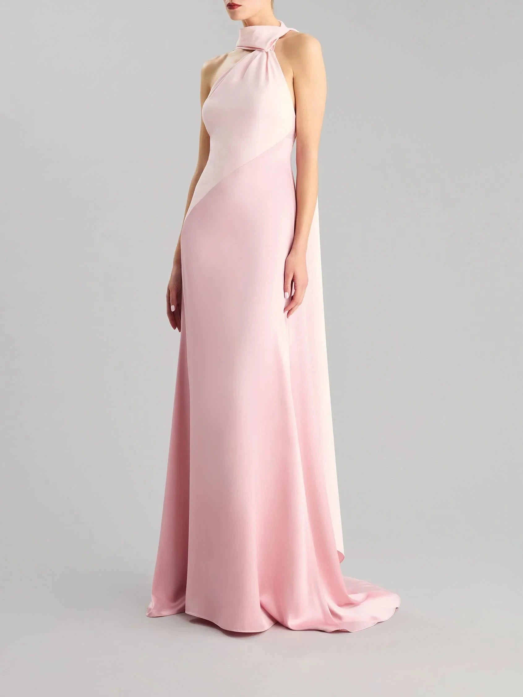 Blush Pink Halter Neck Satin Maxi Dress with Long Bow Asymmetrical A-line party dress Bridesmaid Dresses by YiHuiw