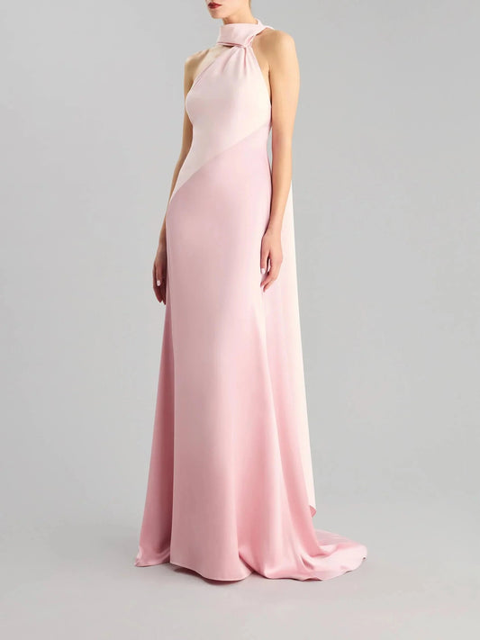 Blush Pink Halter Neck Satin Maxi Dress with Long Bow Asymmetrical A-line party dress Bridesmaid Dresses by YiHuiw