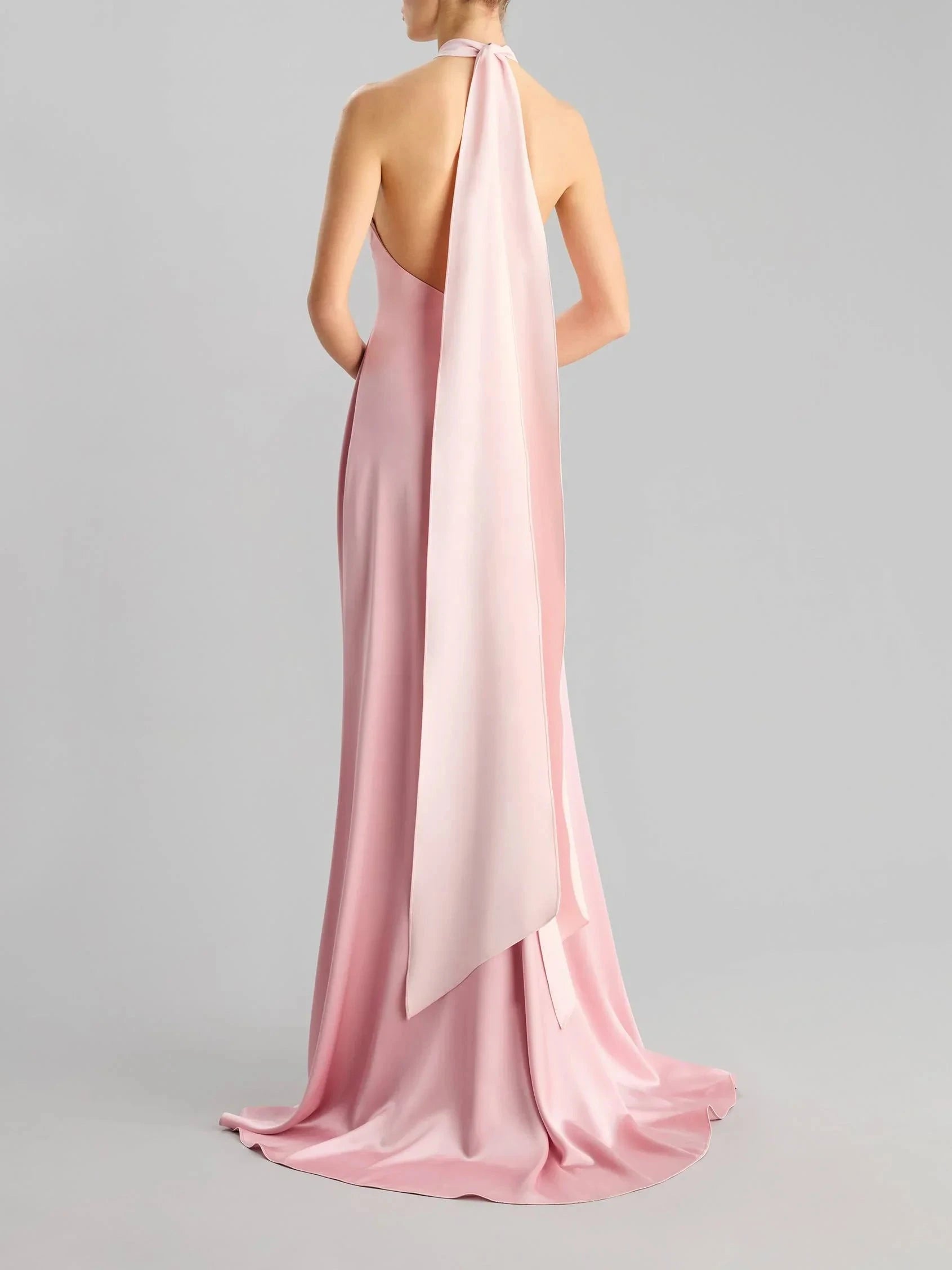 Blush Pink Halter Neck Satin Maxi Dress with Long Bow Asymmetrical A-line party dress Bridesmaid Dresses by YiHuiw