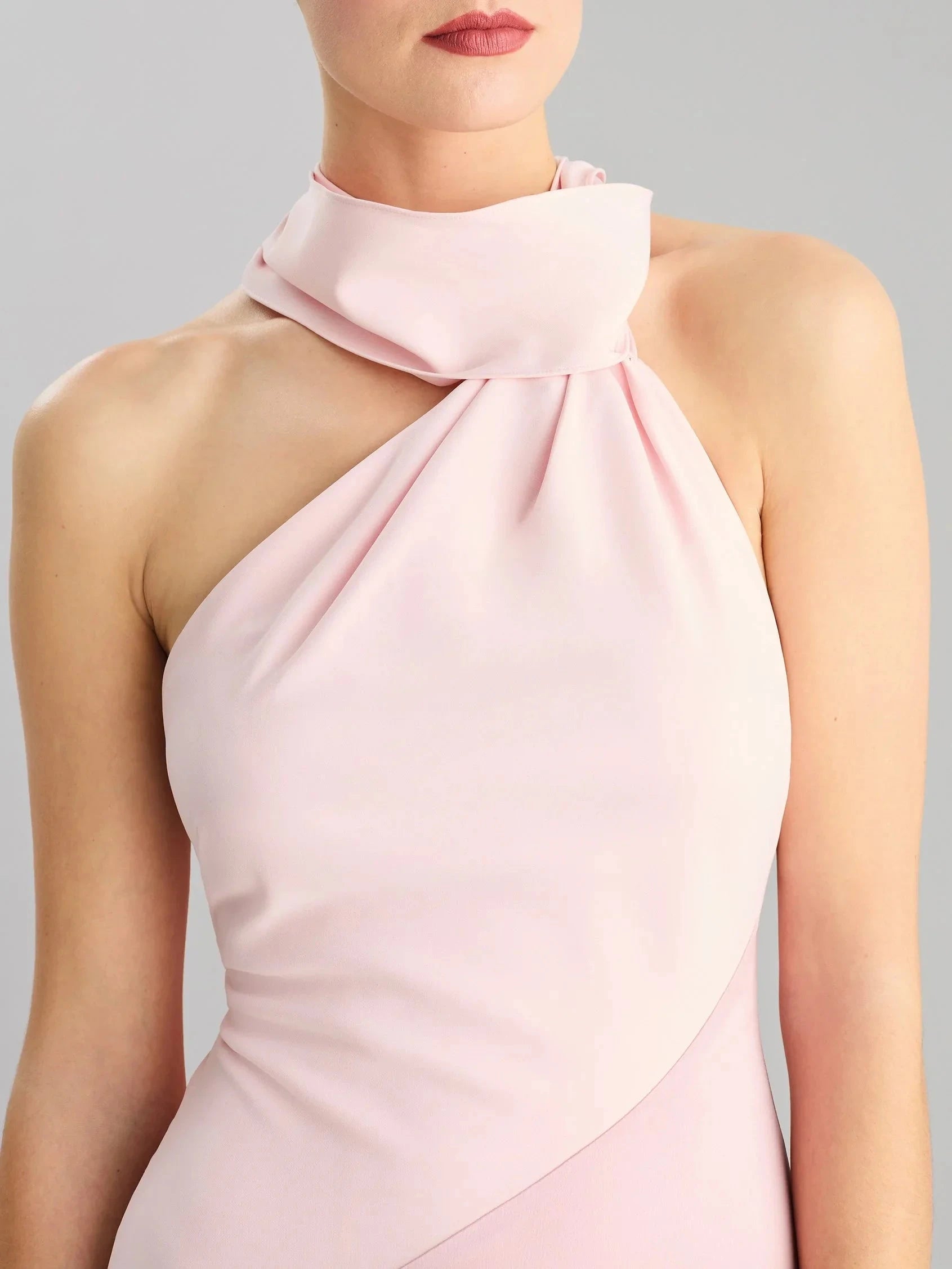 Blush Pink Halter Neck Satin Maxi Dress with Long Bow Asymmetrical A-line party dress Bridesmaid Dresses by YiHuiw