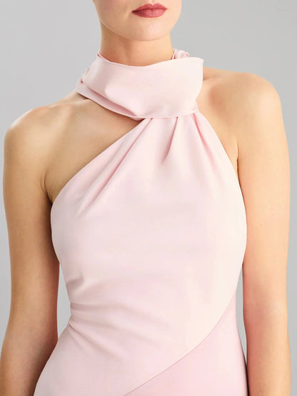 Blush Pink Halter Neck Satin Maxi Dress with Long Bow Asymmetrical A-line party dress Bridesmaid Dresses by YiHuiw