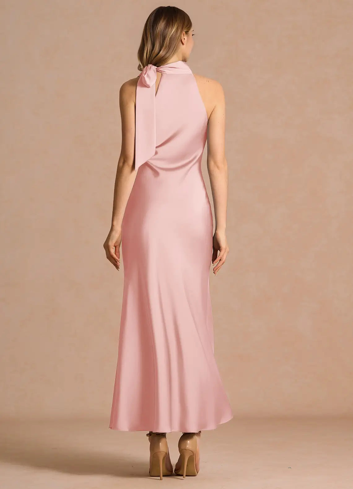 Blush Pink Mermaid Halter Satin Midi Wedding Dress - Yihuiw by Yihuiw