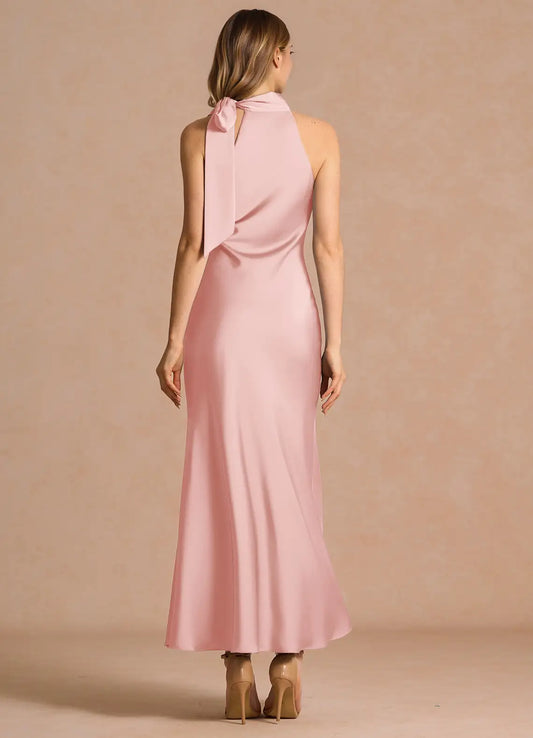 Blush Pink Mermaid Halter Satin Midi Wedding Dress - Yihuiw by Yihuiw