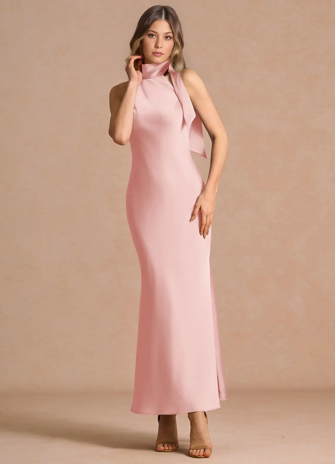 Blush Pink Mermaid Halter Satin Midi Wedding Dress - Yihuiw by Yihuiw