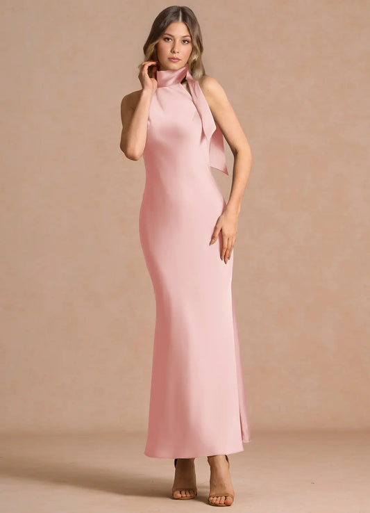 Blush Pink Mermaid Halter Satin Midi Wedding Dress - Yihuiw by Yihuiw