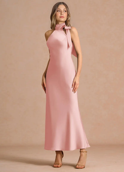 Blush Pink Mermaid Halter Satin Midi Wedding Dress - Yihuiw by Yihuiw