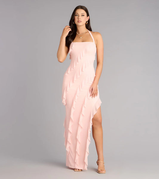 Blush Pink Mermaid Halter High Slit Floor-Length Wedding Dress - Yihuiw by Yihuiw