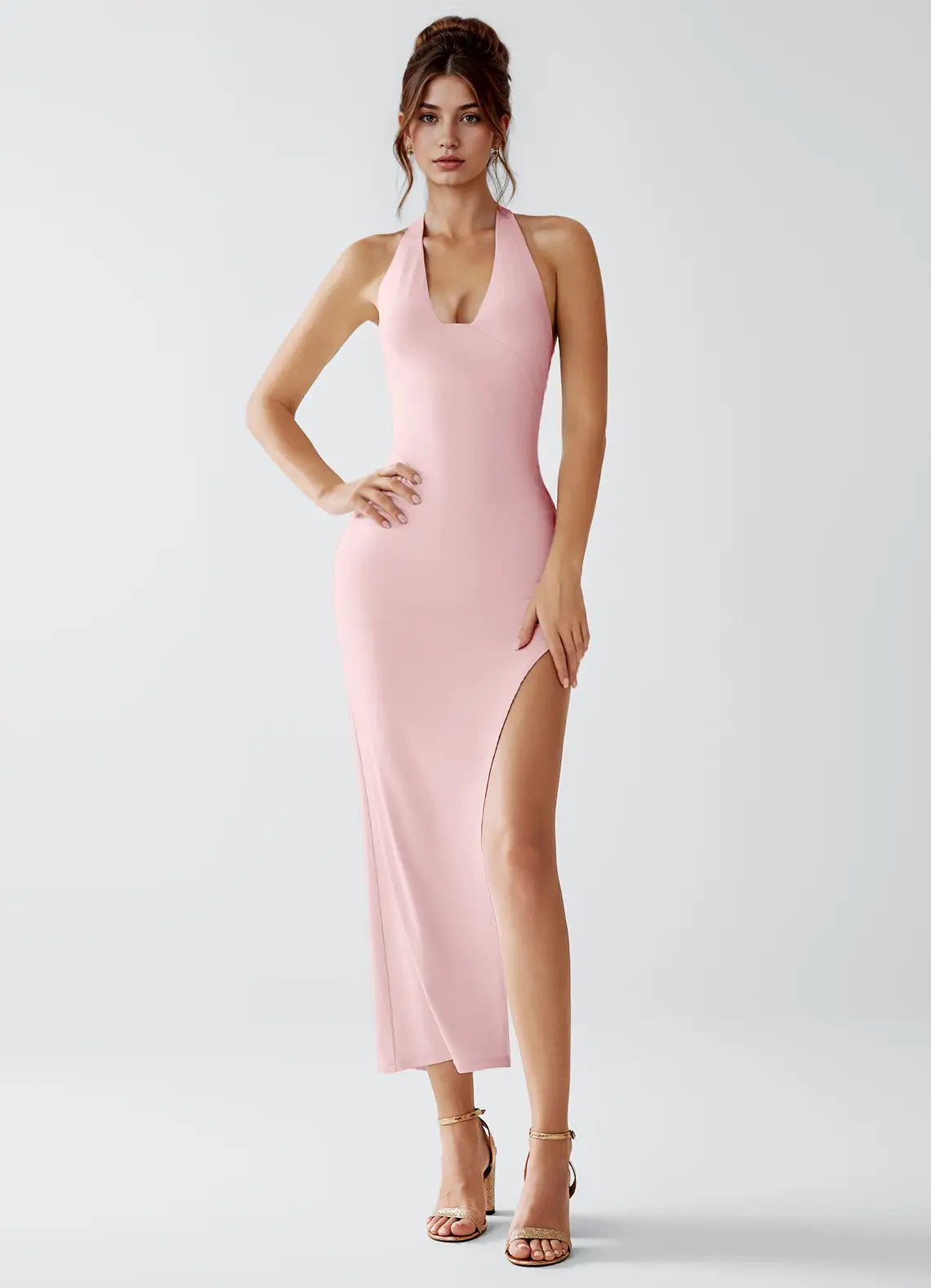 Blush Pink Bodycon Halter High Slit Midi Wedding Dress - Yihuiw by Yihuiw