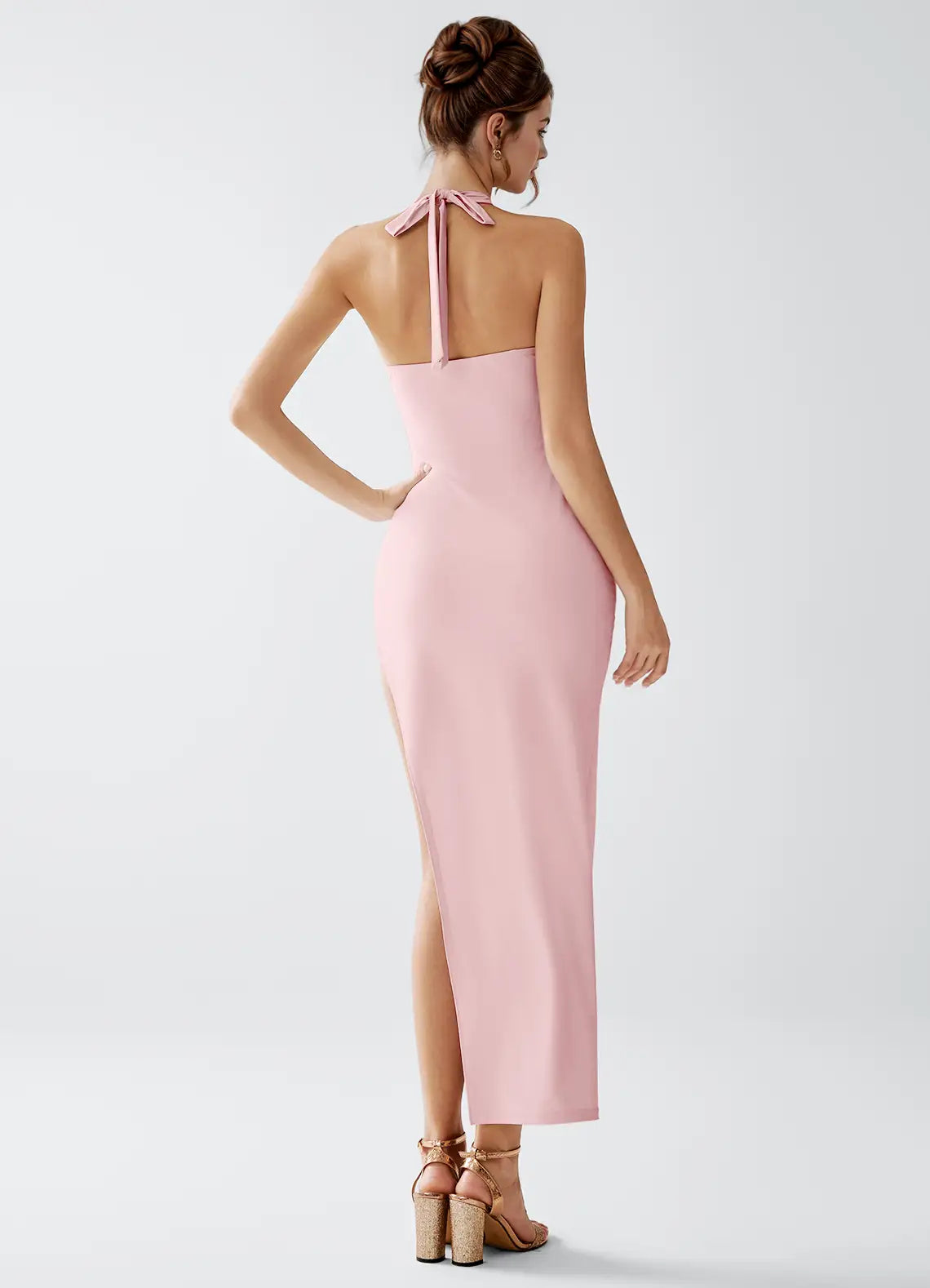Blush Pink Bodycon Halter High Slit Midi Wedding Dress - Yihuiw by Yihuiw