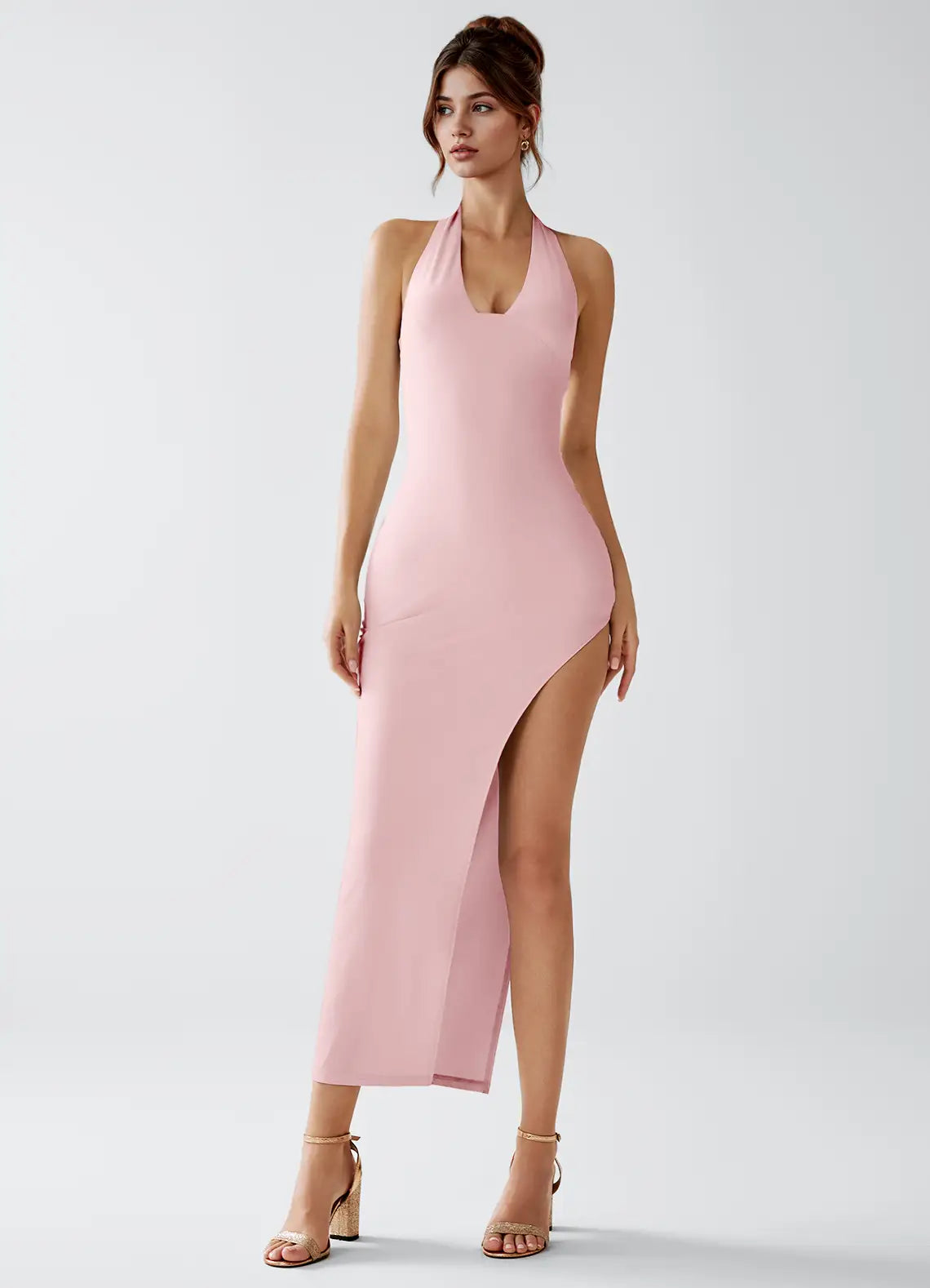 Blush Pink Bodycon Halter High Slit Midi Wedding Dress - Yihuiw by Yihuiw