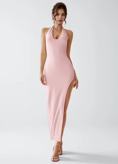 Blush Pink Bodycon Halter High Slit Midi Wedding Dress - Yihuiw by Yihuiw