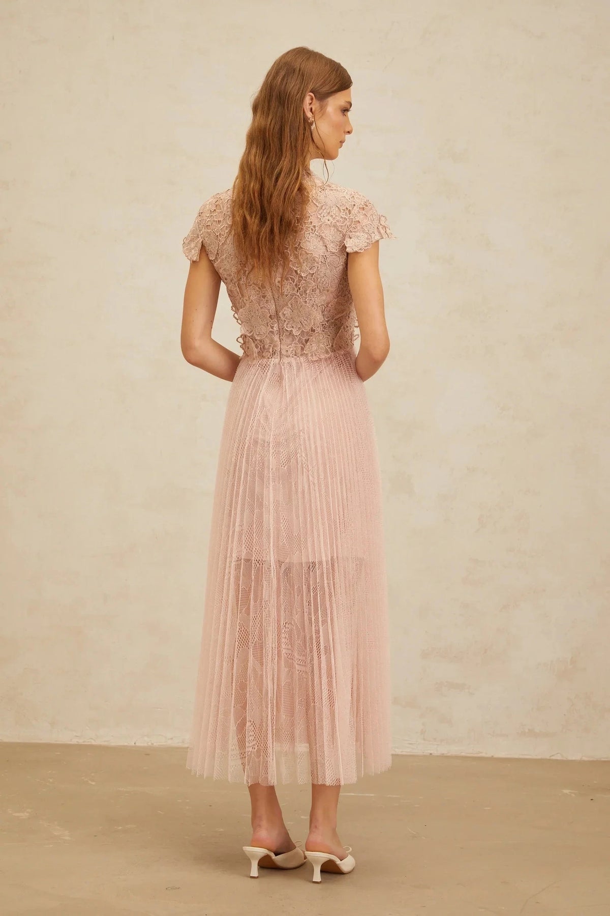Blush Pink Lace - Bodice Tulle Midi Dress Pink Floral Embroidered Tulle Midi Dress Evening Dress by YiHuiw