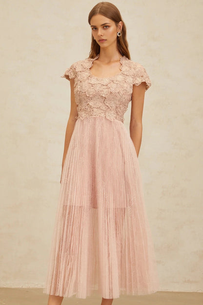 Blush Pink Lace - Bodice Tulle Midi Dress Pink Floral Embroidered Tulle Midi Dress Evening Dress by YiHuiw