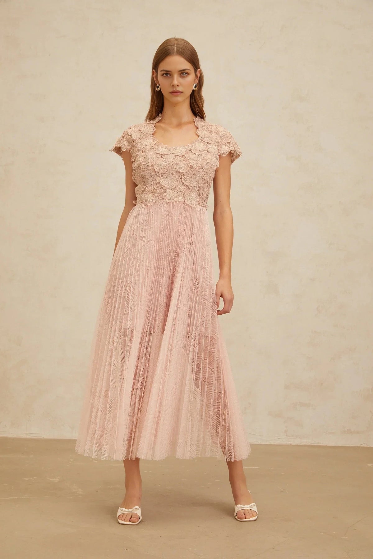 Blush Pink Lace - Bodice Tulle Midi Dress Pink Floral Embroidered Tulle Midi Dress Evening Dress by YiHuiw