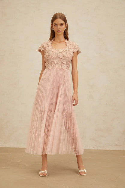 Blush Pink Lace - Bodice Tulle Midi Dress Pink Floral Embroidered Tulle Midi Dress Evening Dress by YiHuiw