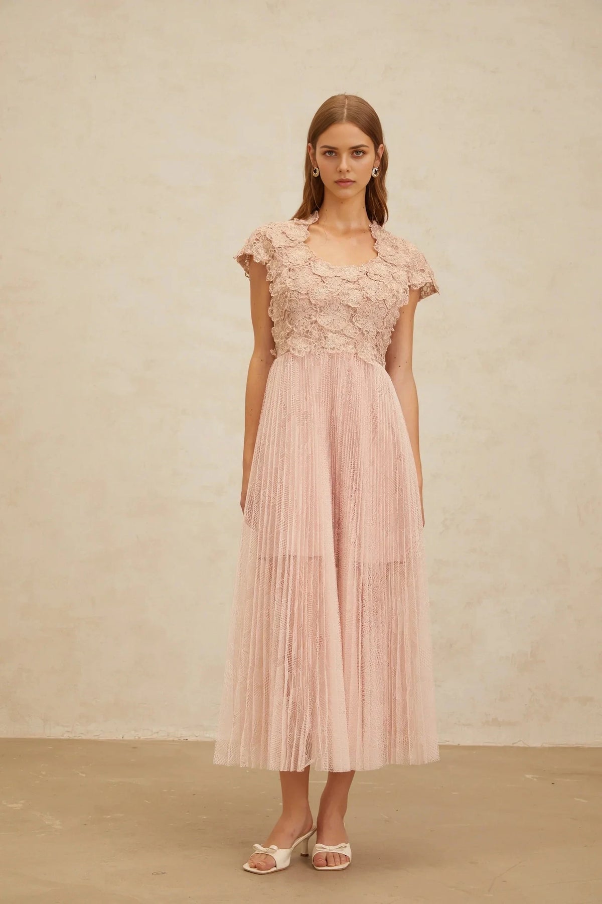Blush Pink Lace - Bodice Tulle Midi Dress Pink Floral Embroidered Tulle Midi Dress Evening Dress by YiHuiw