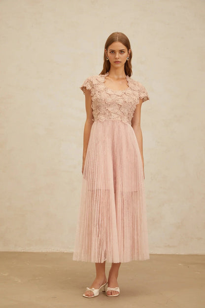 Blush Pink Lace - Bodice Tulle Midi Dress Pink Floral Embroidered Tulle Midi Dress Evening Dress by YiHuiw