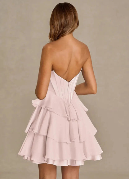 Blush Pink Spaghetti Strap Tiered Mini Dress with Corset Detail Brinley Powder Pink Mini Dress Homecoming Dresses by YiHuiw