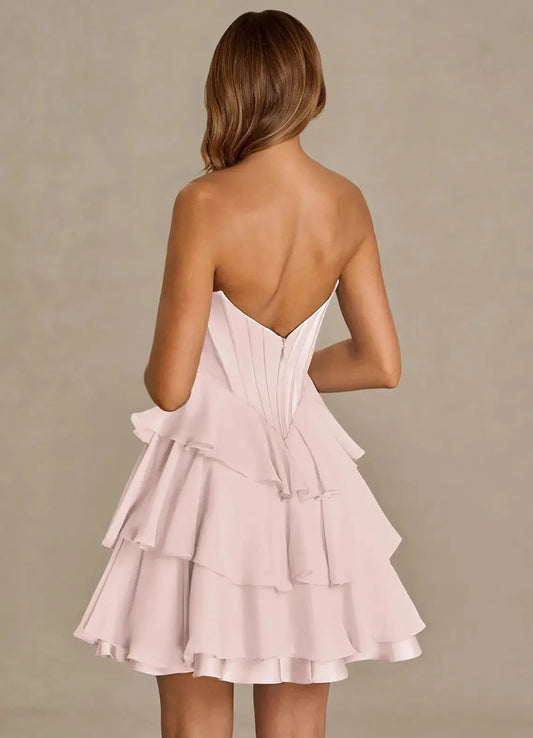 Blush Pink Spaghetti Strap Tiered Mini Dress with Corset Detail Brinley Powder Pink Mini Dress Homecoming Dresses by YiHuiw