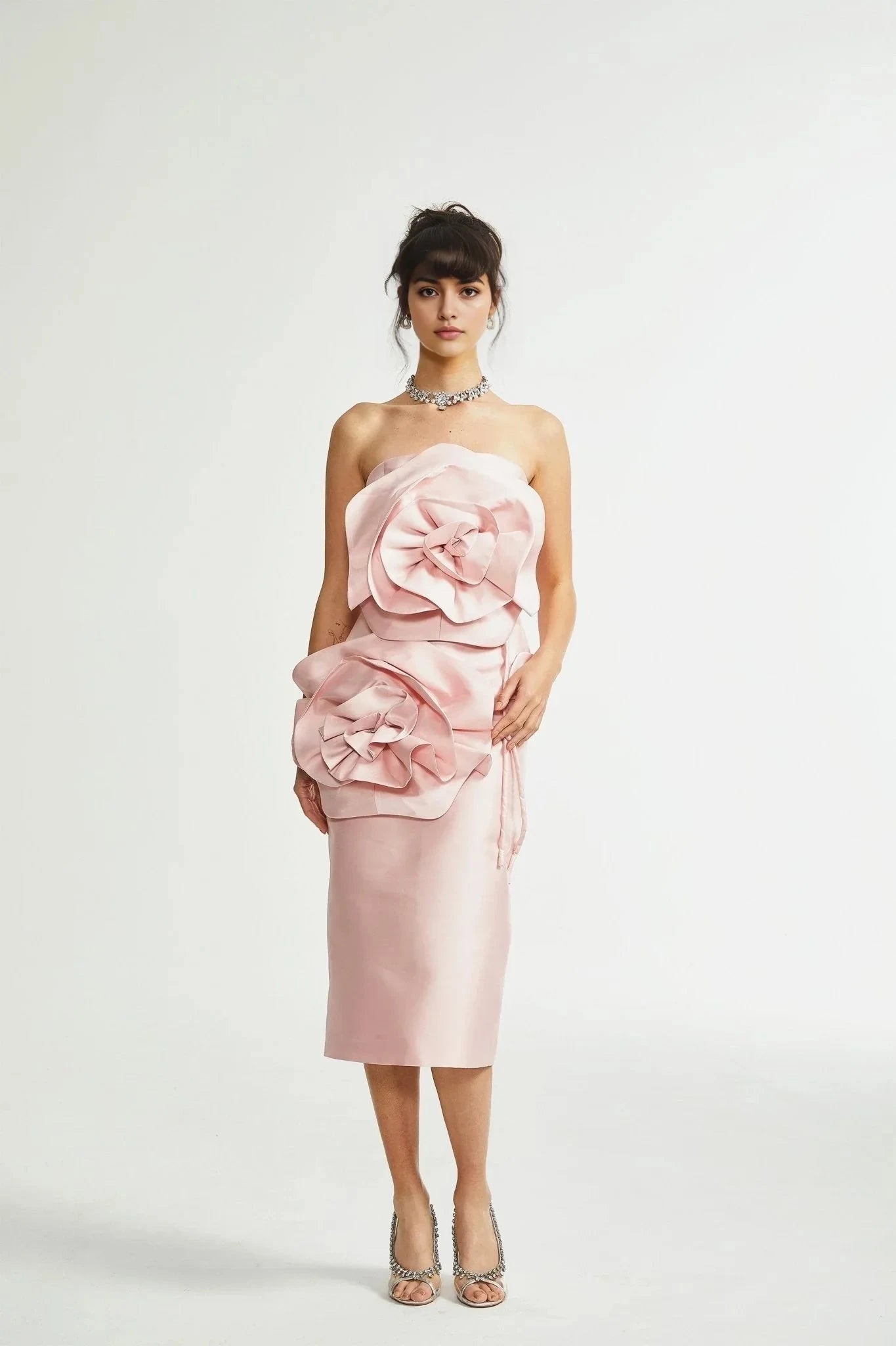 Blush Pink Strapless Midi Dress with Floral faux-flower midi dress Evening Dress by YiHuiw