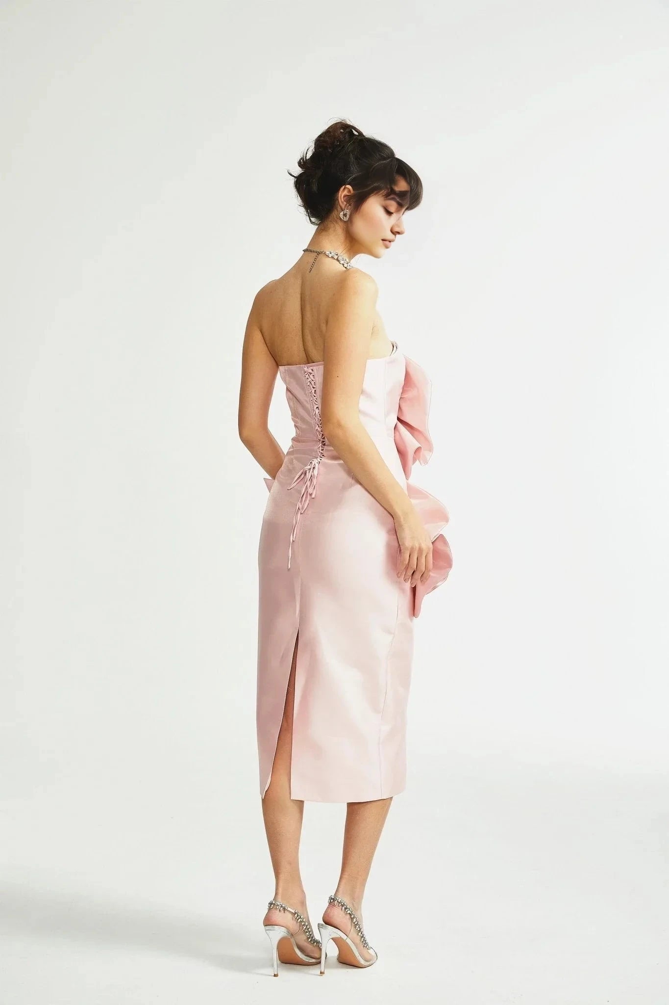 Blush Pink Strapless Midi Dress with Floral faux-flower midi dress Evening Dress by YiHuiw