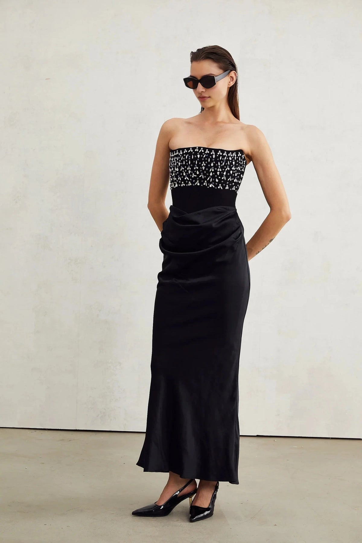 Black Strapless Maxi Dress with Crystal Embellished Bodice Aurore Crystal Embellished Maxi Dress Evening Dress by YiHuiw
