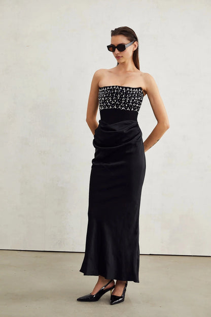 Black Strapless Maxi Dress with Crystal Embellished Bodice Aurore Crystal Embellished Maxi Dress Evening Dress by YiHuiw