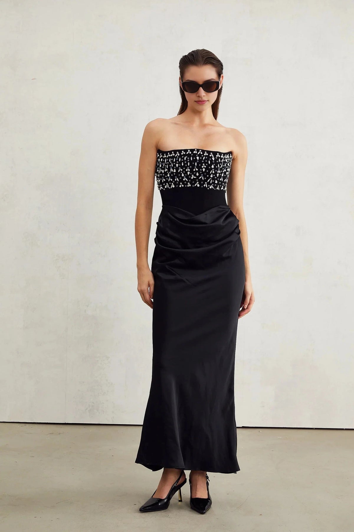 Black Strapless Maxi Dress with Crystal Embellished Bodice Aurore Crystal Embellished Maxi Dress Evening Dress by YiHuiw