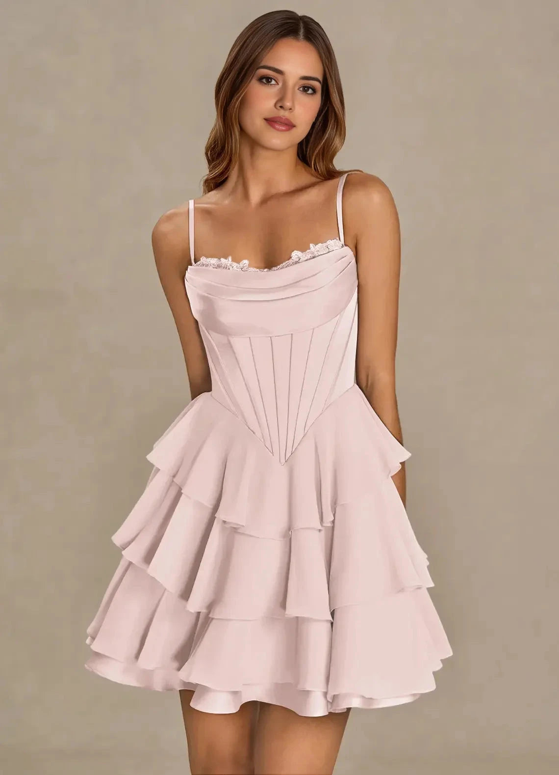 Strapless Tiered Mini Dress with Corset Detail Brinley Powder Pink Mini Dress Homecoming Dresses by YiHuiw
