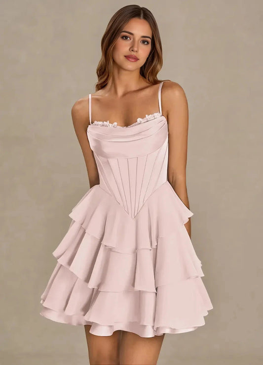 Strapless Tiered Mini Dress with Corset Detail Brinley Powder Pink Mini Dress Homecoming Dresses by YiHuiw