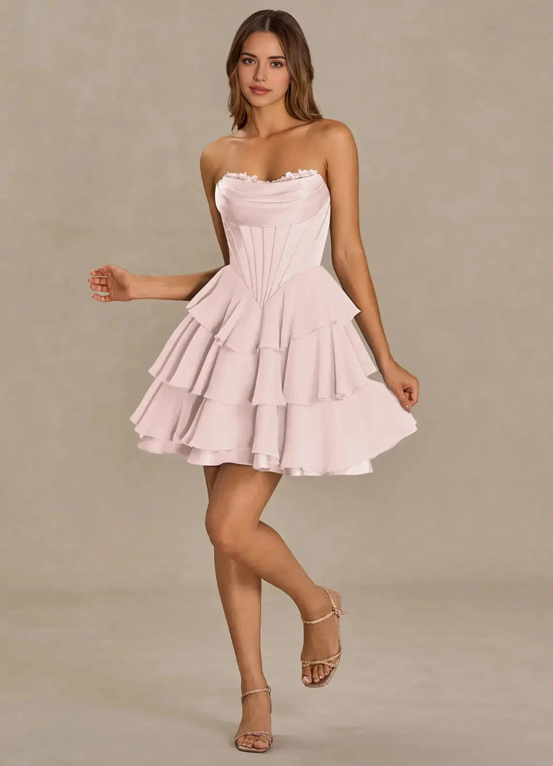 Strapless Tiered Mini Dress with Corset Detail Brinley Powder Pink Mini Dress Homecoming Dresses by YiHuiw