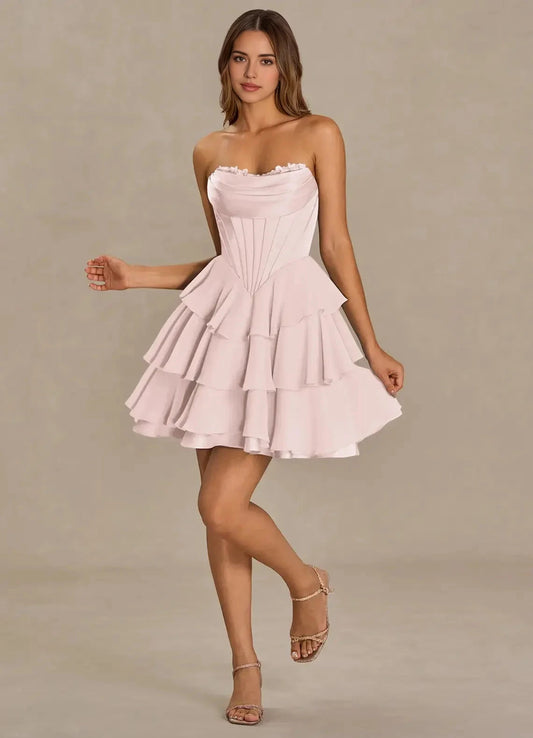 Strapless Tiered Mini Dress with Corset Detail Brinley Powder Pink Mini Dress Homecoming Dresses by YiHuiw