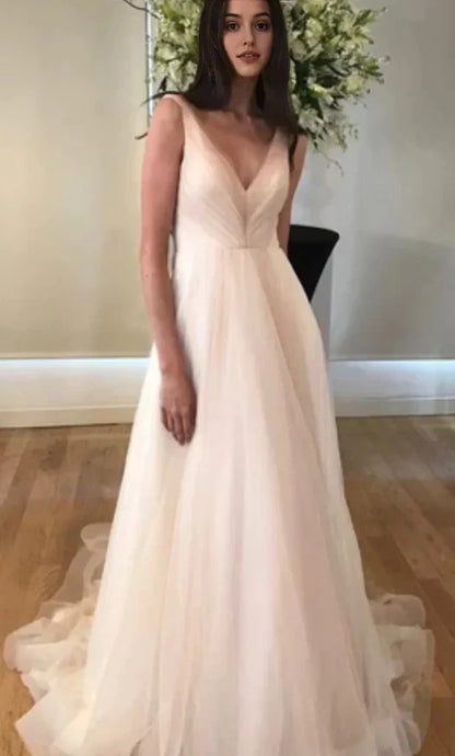 Blush Pink V-Neck Tulle Maxi Dress with Train Pink V Neck Pleated Long Prom Dress Party Dresses by YiHuiw