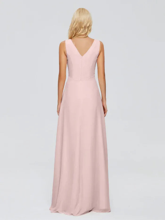 A-Line V-Neck Chiffon Sleeveless Ruffled Floor-Length Wedding Dress - Yihuiw by Yihuiw