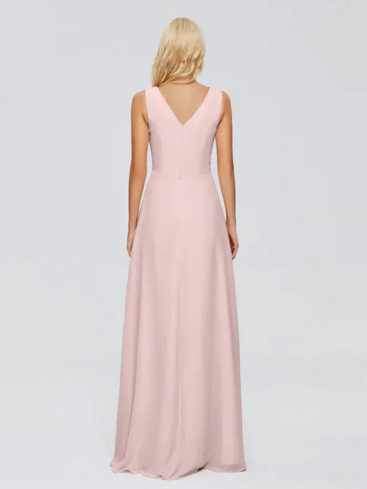 A-Line V-Neck Chiffon Sleeveless Ruffled Floor-Length Wedding Dress - Yihuiw by Yihuiw