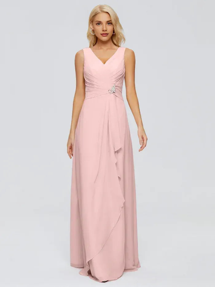 A-Line V-Neck Chiffon Sleeveless Ruffled Floor-Length Wedding Dress - Yihuiw by Yihuiw