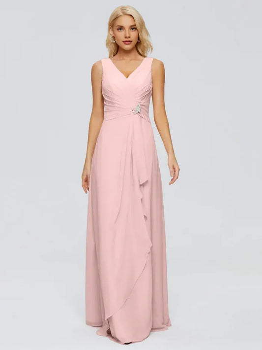 A-Line V-Neck Chiffon Sleeveless Ruffled Floor-Length Wedding Dress - Yihuiw by Yihuiw