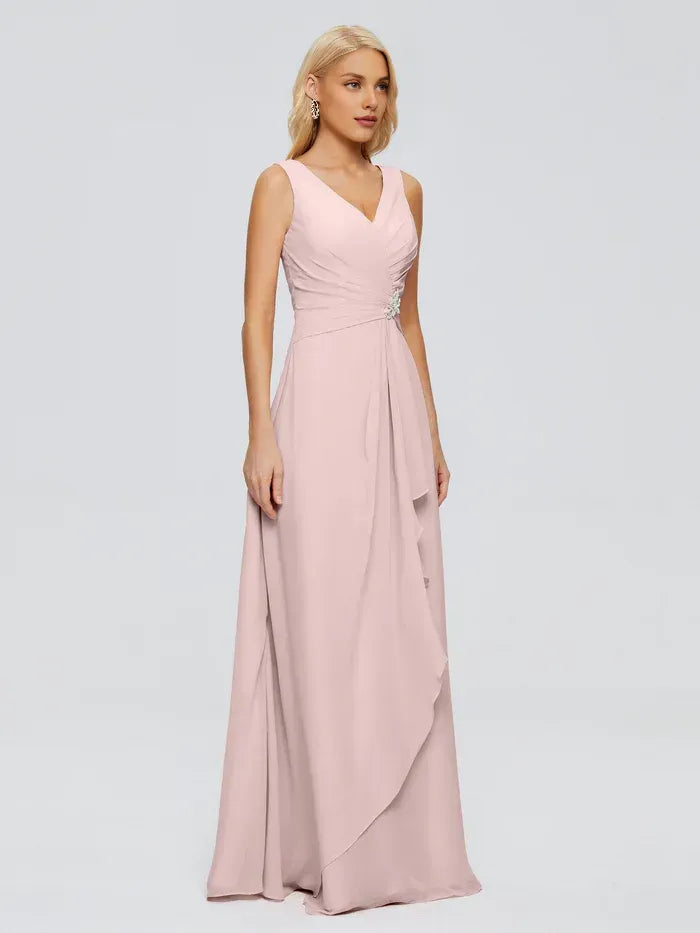 A-Line V-Neck Chiffon Sleeveless Ruffled Floor-Length Wedding Dress - Yihuiw by Yihuiw