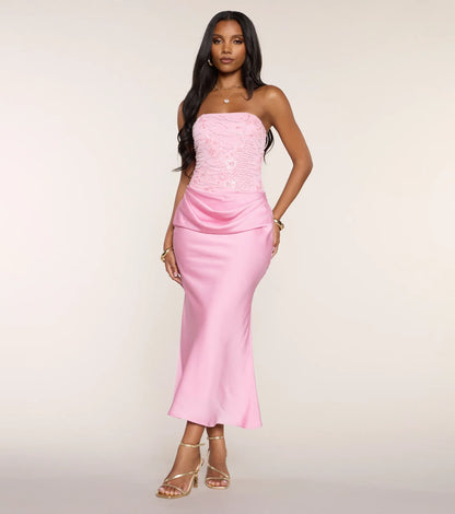 Strapless Satin Draped Midi Wedding Dress - Yihuiw by Yihuiw