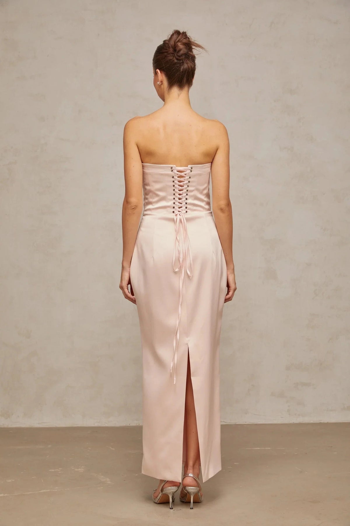 Blush Strapless Corset Maxi Dress with Lace - Up Back pink off-shoulder corset satin maxi dress Evening Dress by YiHuiw