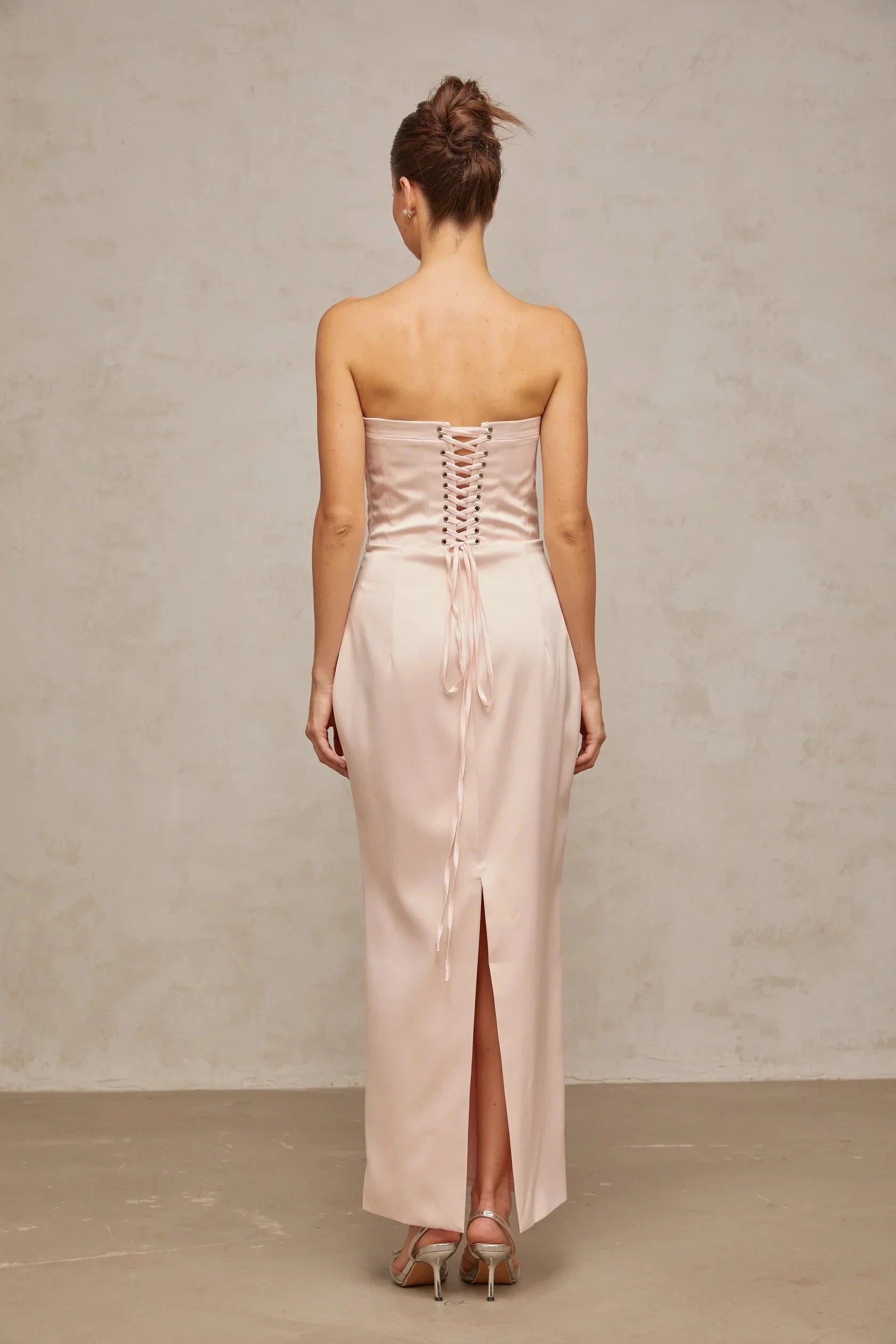 Blush Strapless Corset Maxi Dress with Lace - Up Back pink off-shoulder corset satin maxi dress Evening Dress by YiHuiw