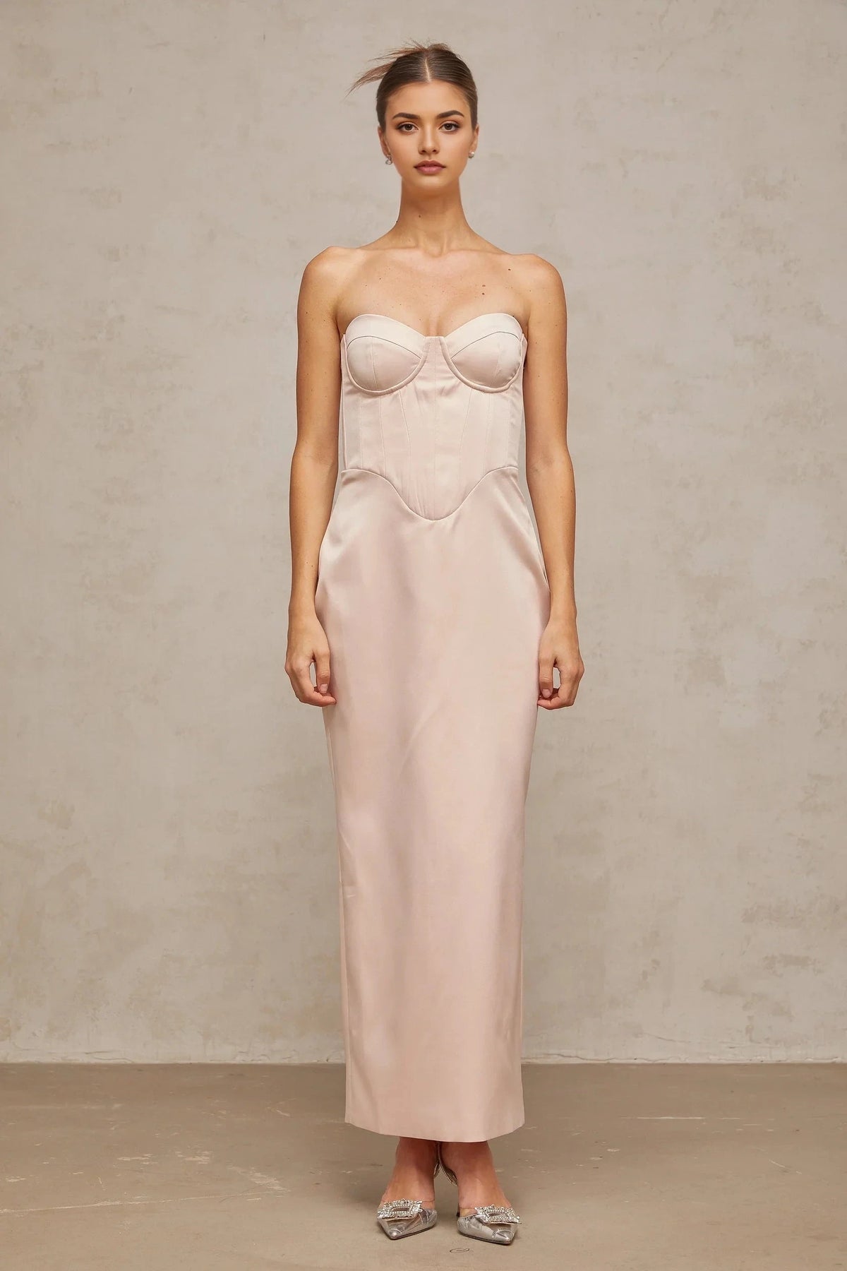 Blush Strapless Corset Maxi Dress with Lace - Up Back pink off-shoulder corset satin maxi dress Evening Dress by YiHuiw