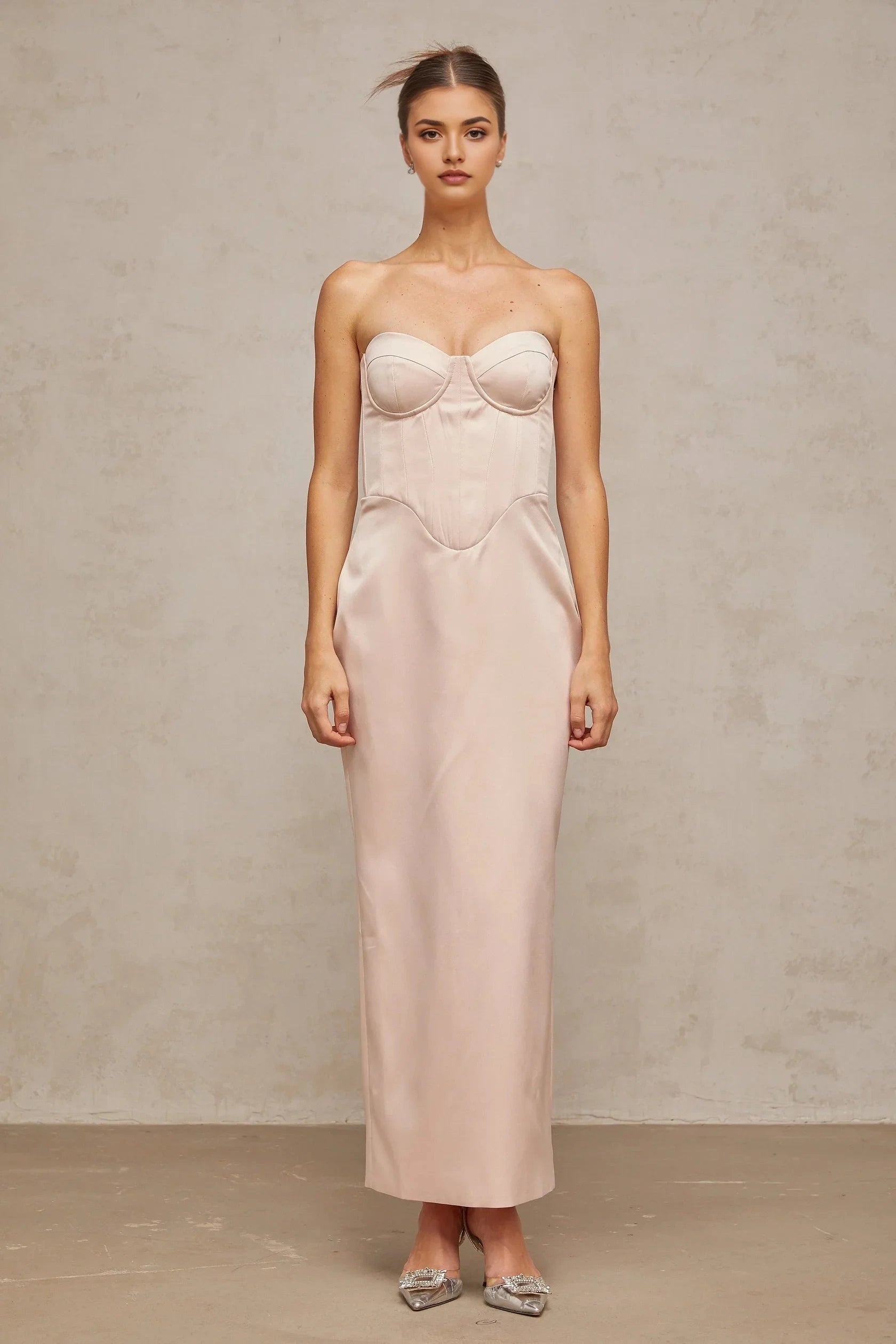 Blush Strapless Corset Maxi Dress with Lace - Up Back pink off-shoulder corset satin maxi dress Evening Dress by YiHuiw
