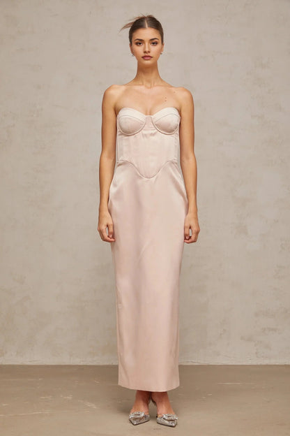 Blush Strapless Corset Maxi Dress with Lace - Up Back pink off-shoulder corset satin maxi dress Evening Dress by YiHuiw