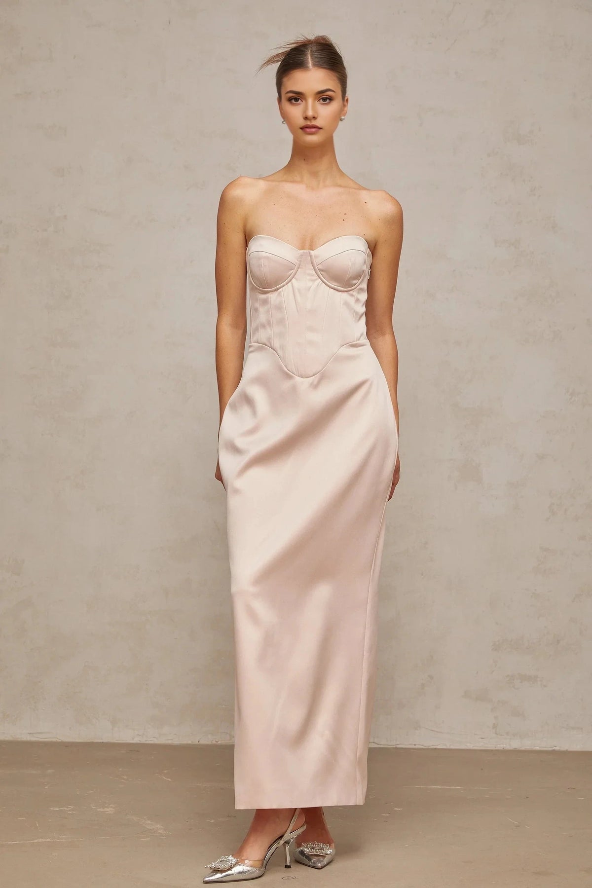 Blush Strapless Corset Maxi Dress with Lace - Up Back pink off-shoulder corset satin maxi dress Evening Dress by YiHuiw