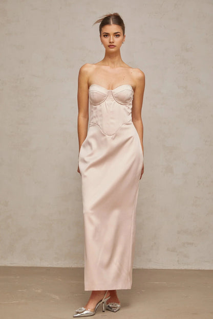 Blush Strapless Corset Maxi Dress with Lace - Up Back pink off-shoulder corset satin maxi dress Evening Dress by YiHuiw