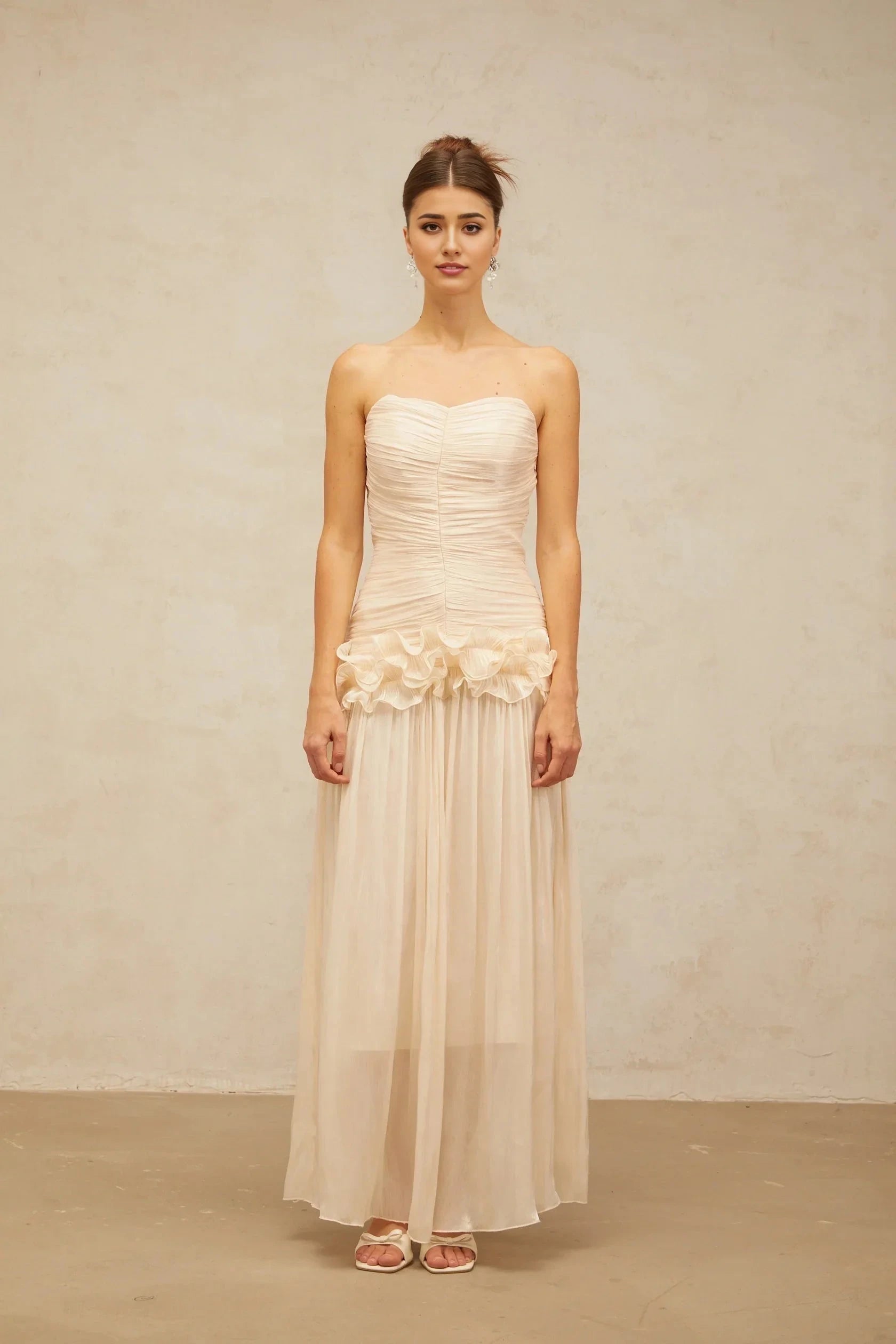 Blush Strapless Ruffled Chiffon Maxi Dress neutrals ruffled pleated maxi dress Evening Dress by YiHuiw